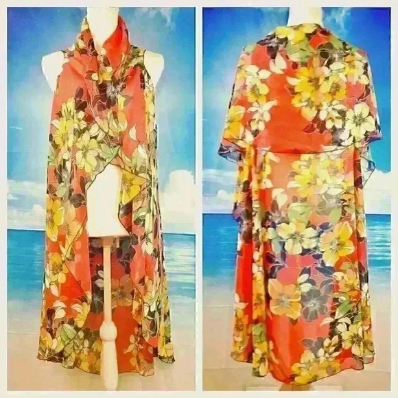 ORANGE FLORAL Beach Cover Sheer Open front Long Shawl LIGHTWEIGH Shrug One Size - Picture 1 of 14